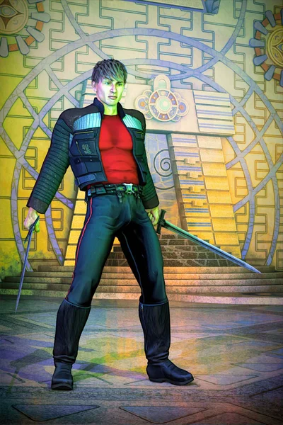 Illustration of a comic book hero in a temple holding two swords