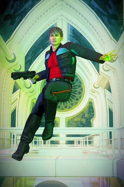 Ilustração de um herói de estilo de quadrinhos segurando uma arma scifi em um cenário de templo futurista — Fotografia de Stock