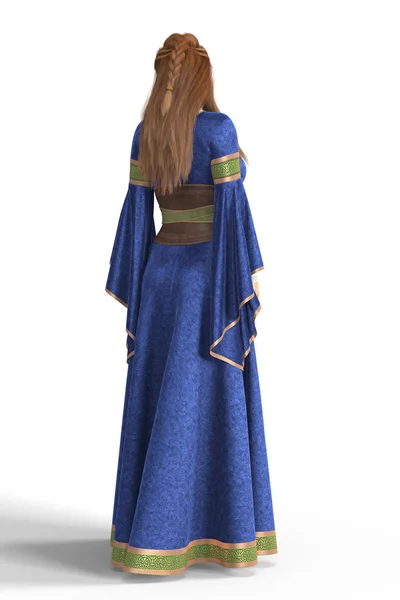Rear view render of a woman wearing a medieval fantasy style dress — Stock Photo, Image