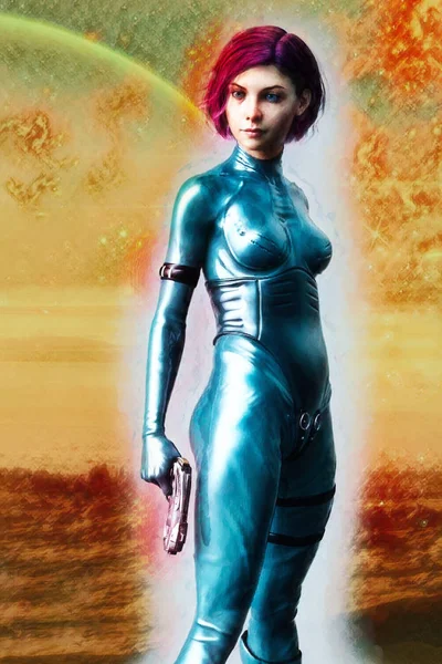 3d schilderachtige illustratie van een cyber science fiction stijl jonge vrouw — Stockfoto