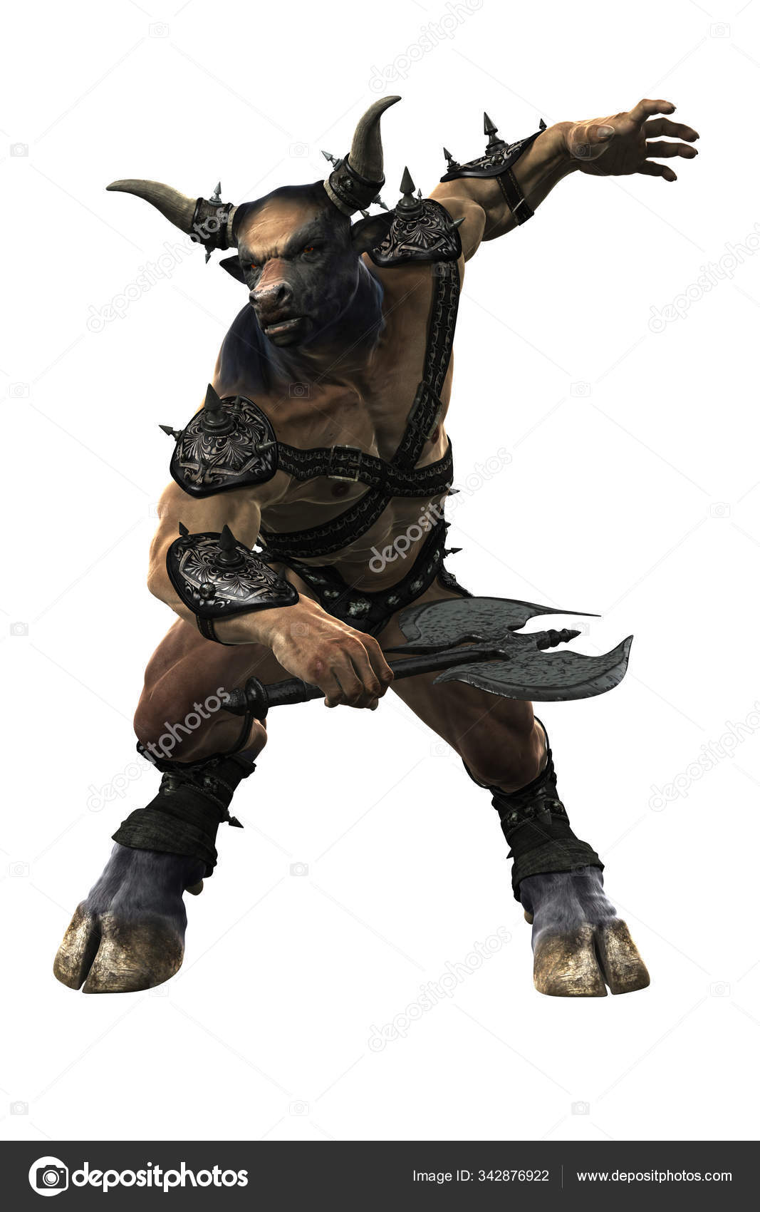Rendering Minotaur holding a double blade axe Stock Photo by
