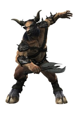 Rendering Minotaur holding a double blade axe clipart