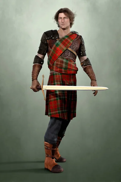 Handsome man in Highland warrior costume holding a sword — Stock Photo, Image