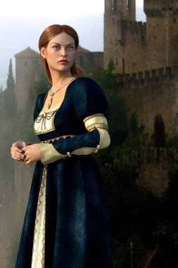 3D, Rönesans ya da ortaçağ tarzı kostüm giyen asil bir kadın. Tarih ve İskoç romantizmi, fantezi ve elf türlerinde kitap kapağı sanatı ve tasarımı için özellikle uygundur..