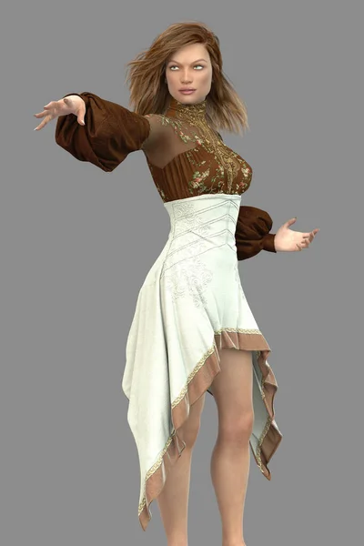 Mulher Bonita Vestindo Uma Fantasia Vestido Steampunk Com Braço Estendido — Fotografia de Stock