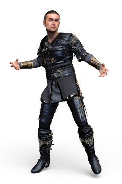 Siyah deri fantezi ya da fütürist savaşçı kostümü giymiş yakışıklı bir adamın 3 boyutlu görüntüsü. Kitap kapağı sanatı ve tasarım işi için ideal bir karakter. Beyaz bir arkaplanda izole edilmiş.