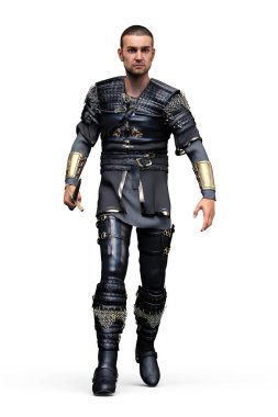 Üç boyutlu erkek savaşçı karakter elinde bir hançerle kameraya doğru yürüyor. Kitap kapağı çalışması ve tasarım için ideal ve beyaz arka planda izole edilmiş.