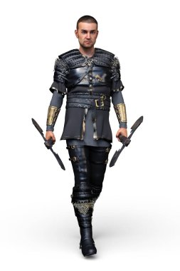 Fantezi içinde üç boyutlu yakışıklı bir adam mı yoksa elinde baltayla yürüyen fütürist siyah deri bir kostüm mü? Beyaz bir arkaplanda izole edilmiş.