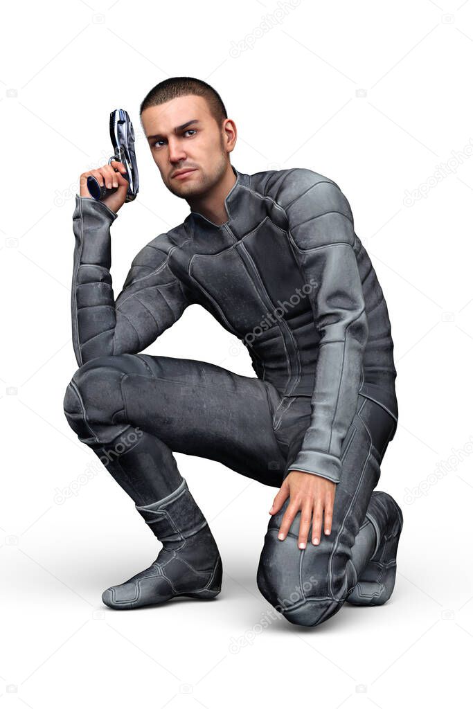 3D illustration of futuristic warrior kneeling pose holding a weapon. Isolated on a white background.