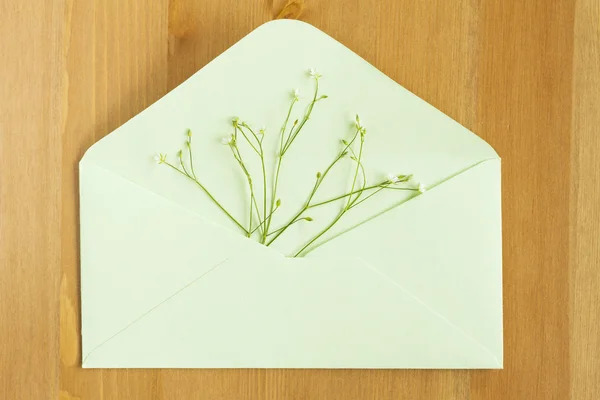 Wild meadow flowers with open paper envelop on wooden background. Flat lay. Top view. — Φωτογραφία Αρχείου