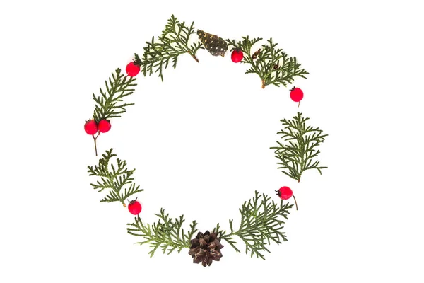 Christmas frame made of green thuja twigs, pine cones and red wild rose fruits on white background. Top view, flat lay. Copy space for text — Stock Photo, Image