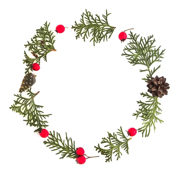 Thuja 녹색 나뭇가지, 소나무 콘 및 흰색 바탕에 빨간색 야생 장미 열매 크리스마스 프레임에 의하여 이루어져 있다. 상위 뷰, 평평 하다입니다. 광장. 텍스트를 위한 공간 복사 — 스톡 사진