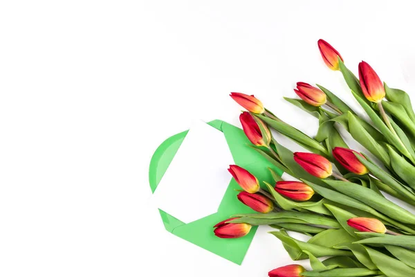 Красивый букет тюльпана и зеленый конверт с карточкой на белом фоне — стоковое фото