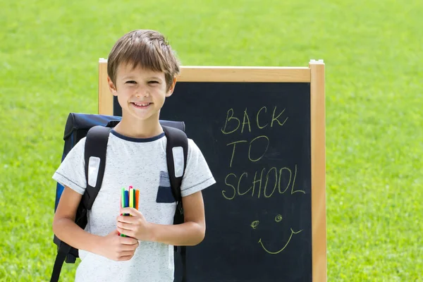 Happy schoolboy with pens and backpack against the blackboard. Education, back to school concept