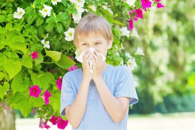 Anti. Küçük çocuk burnunu tree yakınındaki çiçek esiyor.