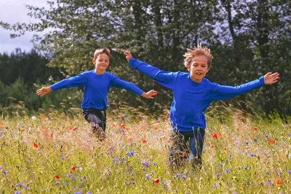 Happy children running on beautiful meadow field. — Stock Photo, Image