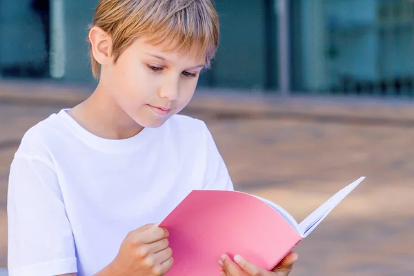 Schooljongen lezen van boeken. Kind huiswerk buitenshuis. Terug naar school concept. — Stockfoto