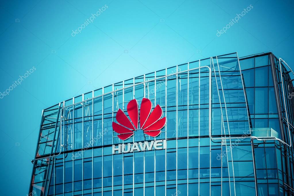 VILNIUS, LITHUANIA - July 30, 2017 : Huawei skyscraper in the Vilnius city center. Modern office of technology company Huawei in Vilnius, Lithuania