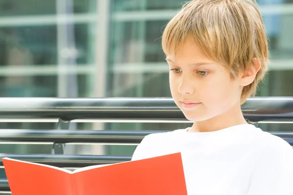 Schooljongen lezen van boeken. Kind huiswerk buitenshuis. Terug naar school concept. — Stockfoto