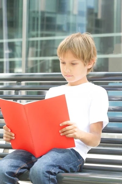 Schooljongen lezen van boeken. Kind huiswerk buitenshuis. Terug naar school concept. — Stockfoto