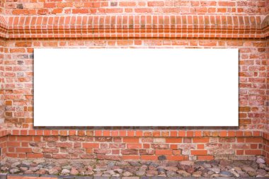 Kadar alay et. Reklam, boş billboard, kırmızı tuğla duvar eski tahtada genel bilgi