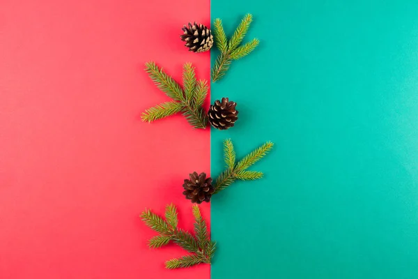 Karácsonyi összetétele. Fenyő fa ágai és fenyő kúpok elhelyezni, a piros és zöld háttér. Felülnézet, lapos laikus. — Stock Fotó