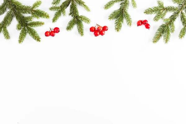 Karácsonyi fenyő ágak és a piros bogyós gyümölcsök fehér háttér háttér — Stock Fotó