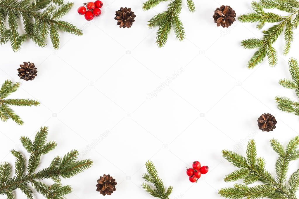 Christmas background with fir branches, pine cones and red berries on white background