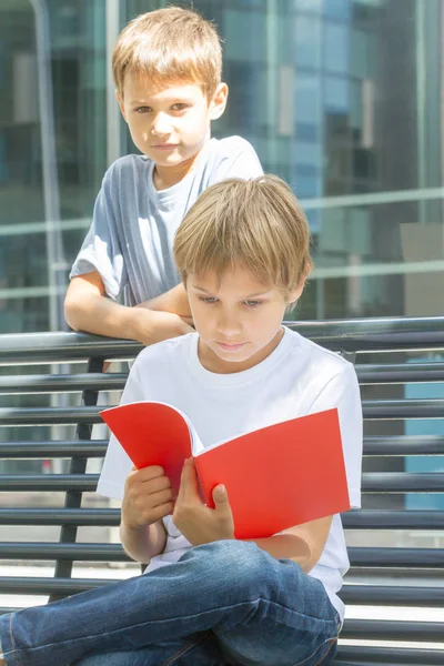 Schoolboys reading books. Kids doing homework outdoors. Back to school concept. — Stock Photo, Image