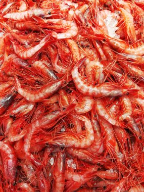 Deniz ürünleri arka plan. Karides kutusunun üstünde belgili tanımlık sayaç balık Shop.