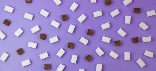 Brown and white sugar cubes pattern on violet banner background. — Stock Photo, Image