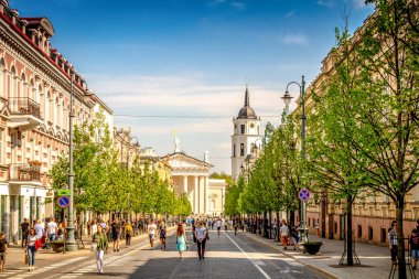 Vilnius, Litvanya - 1 Mayıs 2018: Vilnius şehir sokak - Gedimino avenue, Vilnius Katedrali ve çan kulesi yürüyüş ve güneşli bir günde Bisiklete binmek insanlarla görünümüne.