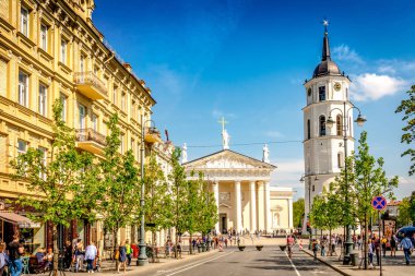 Vilnius, Litvanya - 1 Mayıs 2018: Vilnius şehir sokak - Gedimino avenue, Vilnius Katedrali ve çan kulesi yürüyüş ve güneşli bir günde Bisiklete binmek insanlarla görünümüne.