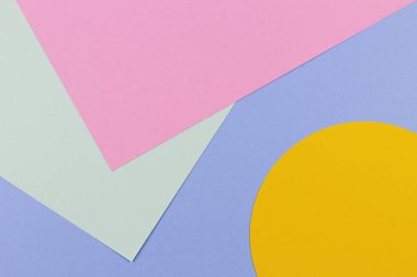 Soyut renkli kağıt dokusu arkaplanı. Minimum geometrik şekiller ve çizgiler mavi, açık yeşil, sarı, pastel pembe renkler