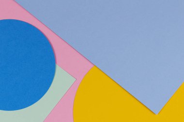 Soyut renkli kağıt dokusu arkaplanı. Geometrik şekiller ve çizgiler mavi, açık yeşil, sarı, pastel pembe renkler