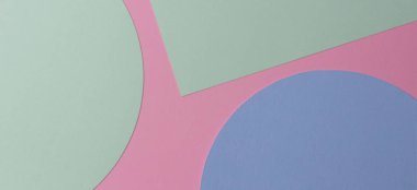 Soyut renkli kağıt dokusu arkaplanı. Pastel pembe, açık mavi ve yeşil renkte minimal geometrik şekiller ve çizgiler