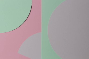Soyut renkli kağıt dokusu arkaplanı. Pastel pembe, gri, açık mavi ve yeşil renkte minimal geometrik şekiller ve çizgiler