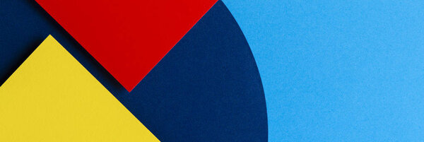 Abstract colored paper texture background. Minimal geometric shapes and lines in light blue, navy, red and yellow colours