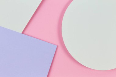 Soyut renkli kağıt dokusu arkaplanı. Pastel pembe, açık mavi ve yeşil renkte minimal geometrik şekiller ve çizgiler