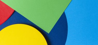 Abstract colored paper texture background. Minimal geometric shapes and lines in light blue, navy, red, green and yellow colors