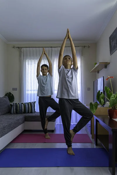 Crianças fazendo exercícios esportivos, praticando ioga em casa. Esporte, estilo de vida saudável, lazer ativo em casa — Fotografia de Stock