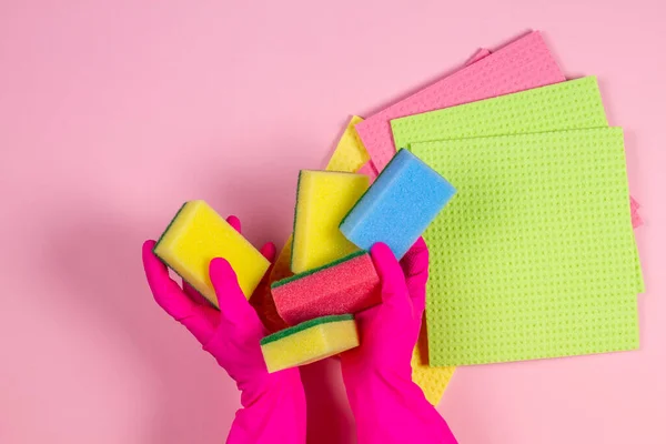 Manos de mujer con guantes de goma rosa sostiene muchas esponjas sobre fondo rosa — Foto de Stock