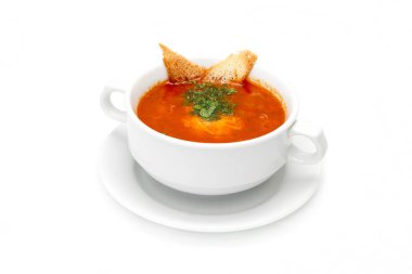 Geleneksel Ukrayna yemeği borsch dereotu ve kruton