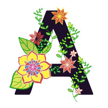 Çiçek ve yaprak beyaz bir arka plan üzerinde izole stil doodle A harfi.