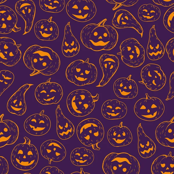 Sömlös Halloween mönster. Bakgrund av kontur orange pumpor på en mörk bakgrund. Vektor. handritade illustration. — Stock vektor