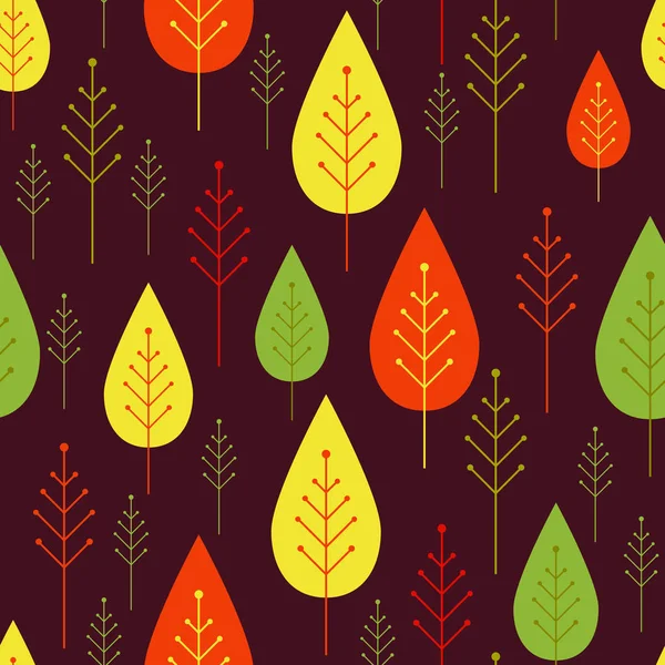 Seamless vegetable pattern with abstract ornamental trees and colorful leaves on dark background. Vector autumn background. — Stock Vector