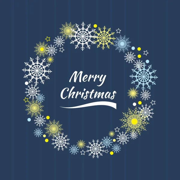 Neşeli Noel çelenk, yeni yıl dekorasyon kar taneleri ile. Yuvarlak çerçeve koyu arka plan üzerinde. Vektör tasarım tebrik kartı, davet, başlık sayfası veya poster ahşap arka plan üzerinde dekoratif elemanlar.