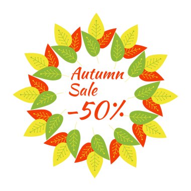 Yuvarlak kare metin sonbahar satış - 50 ile. Beyaz bir arka plan üzerinde renkli yaprakların bir çelenk. İzole. Vektör satışı büyük başlığı