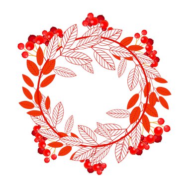 Yaprakları ve ashberry ile yuvarlak çerçeve üzerinde izole beyaz arka plan çilek. Merhaba sonbahar. Vektör