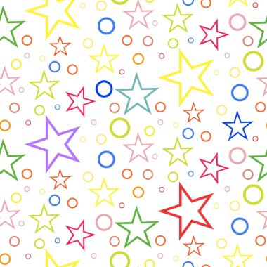 Renkli yıldız ve daireler beyaz bir arka planda kesintisiz geometrik desen. Ambalaj, Davetiyeler, tekstil tasarımı, şablon için kullanılabilir.